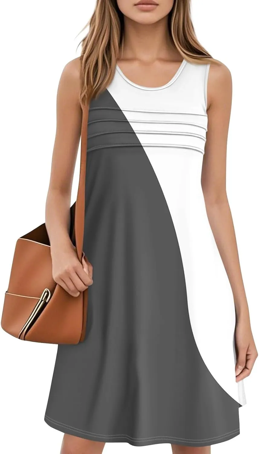 Summer Dresses for Women 2025 Casual Crewneck Sleeveless Tunic Dress Color Block Pleated Flowy Sundress with Pockets