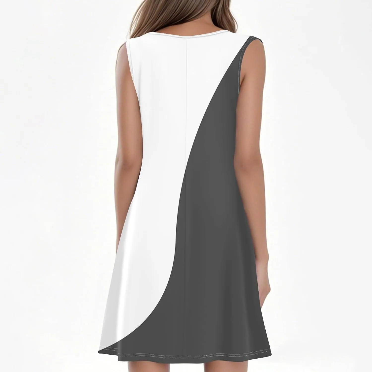Summer Dresses for Women 2025 Casual Crewneck Sleeveless Tunic Dress Color Block Pleated Flowy Sundress with Pockets