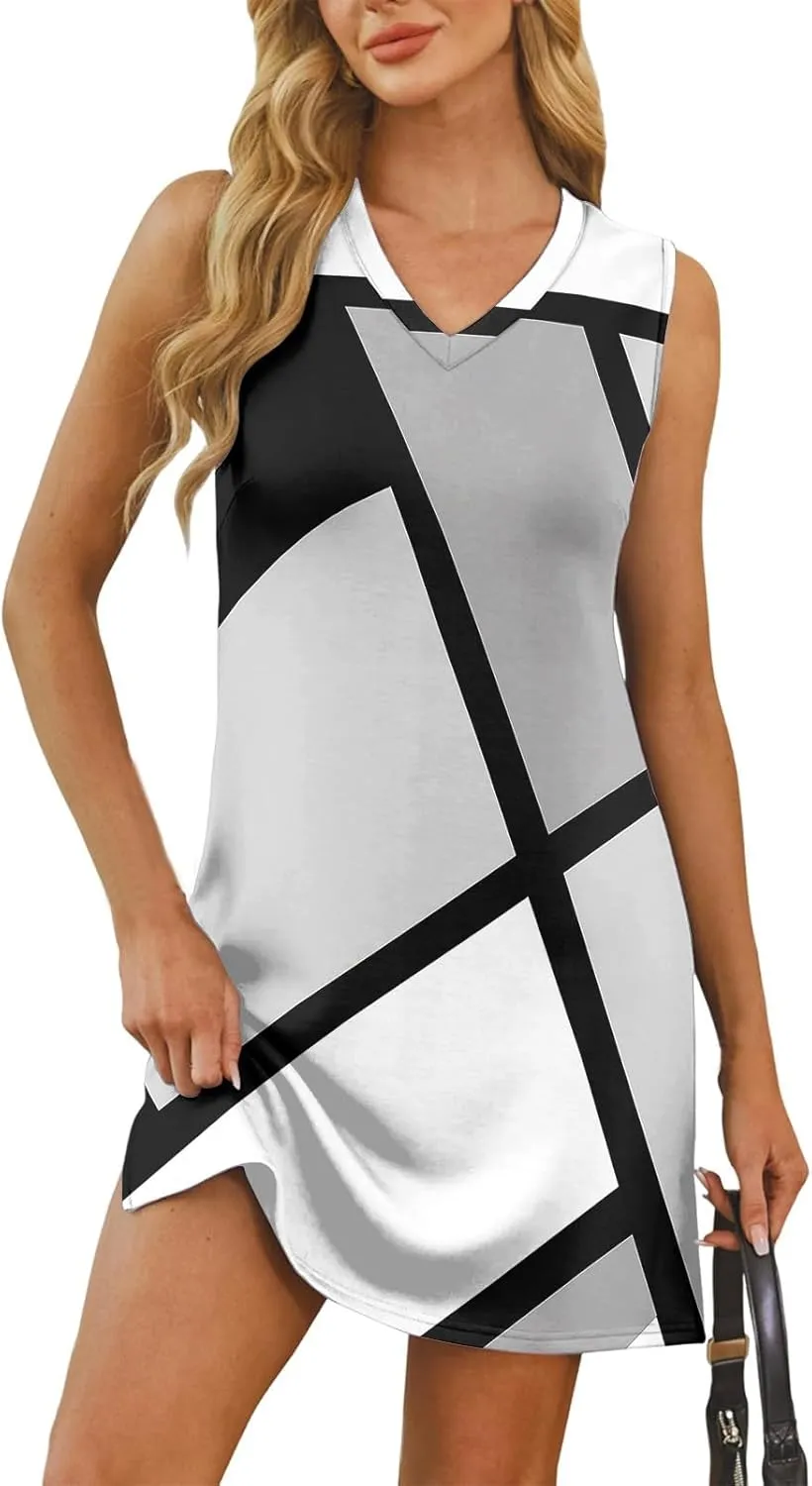 Summer Dresses for Women 2025 Casual V Neck Sleeveless Sundresses Color Block Printed Tank Beach Dresses with Split