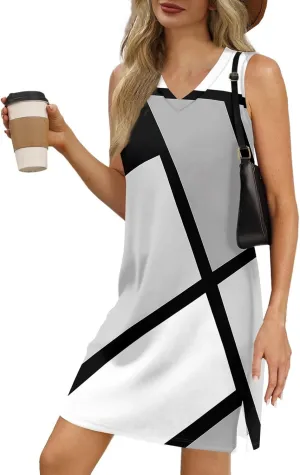 Summer Dresses for Women 2025 Casual V Neck Sleeveless Sundresses Color Block Printed Tank Beach Dresses with Split