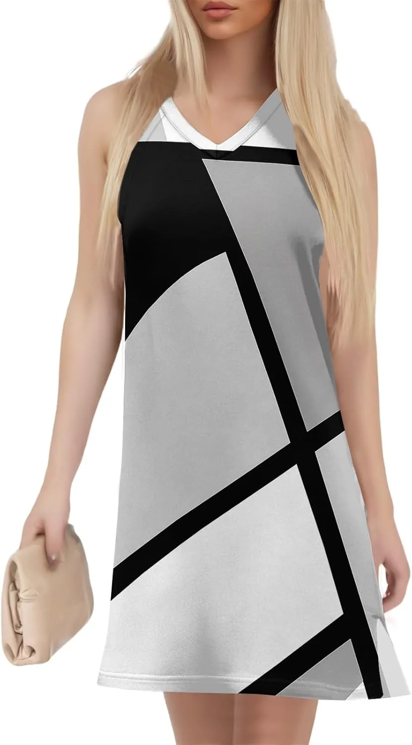 Summer Dresses for Women 2025 Casual V Neck Sleeveless Sundresses Color Block Printed Tank Beach Dresses with Split