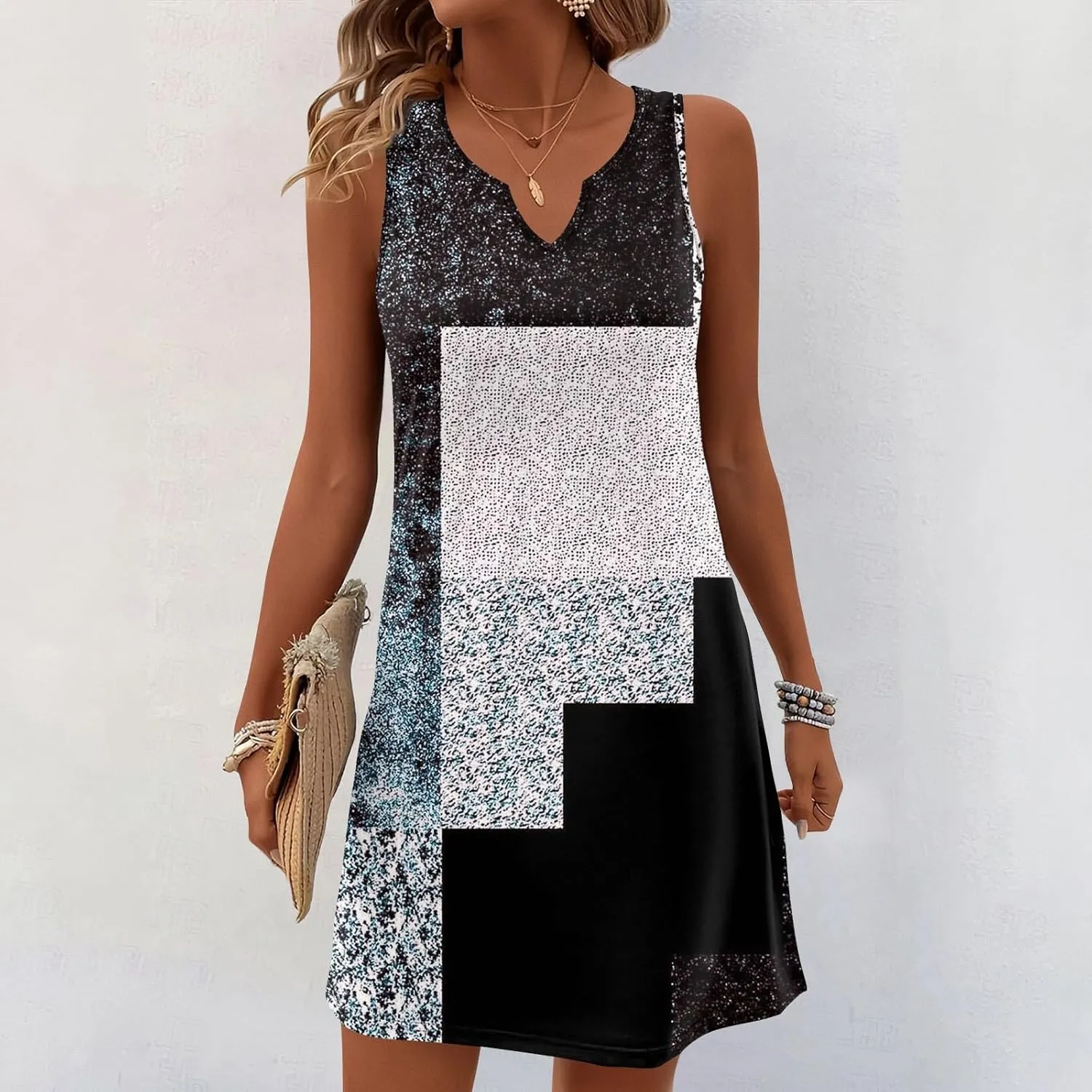Summer Dresses for Women 2025 Casual V Neck Sleeveless Sundresses Color Block Tank Dresses with Pockets