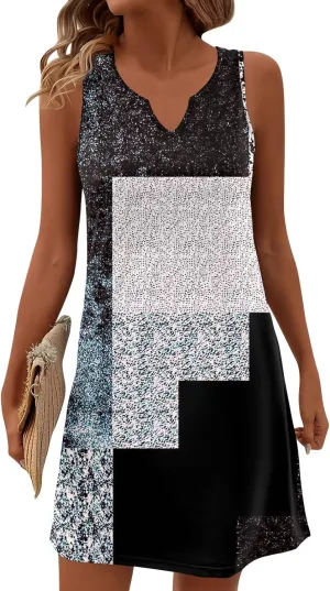 Summer Dresses for Women 2025 Casual V Neck Sleeveless Sundresses Color Block Tank Dresses with Pockets