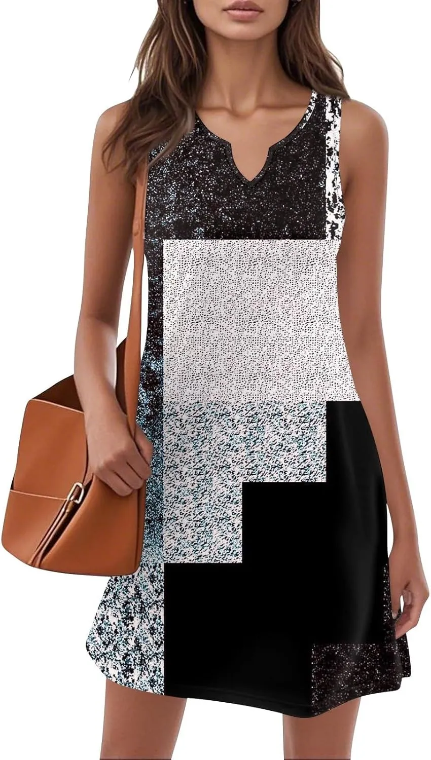 Summer Dresses for Women 2025 Casual V Neck Sleeveless Sundresses Color Block Tank Dresses with Pockets