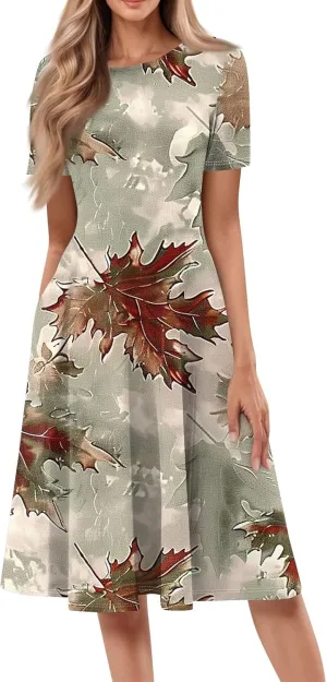 Summer Dresses for Women 2025 Cinch Waist Midi Sun Dress Vacation Crewneck Short Sleeve A Line Dress Side Pockets