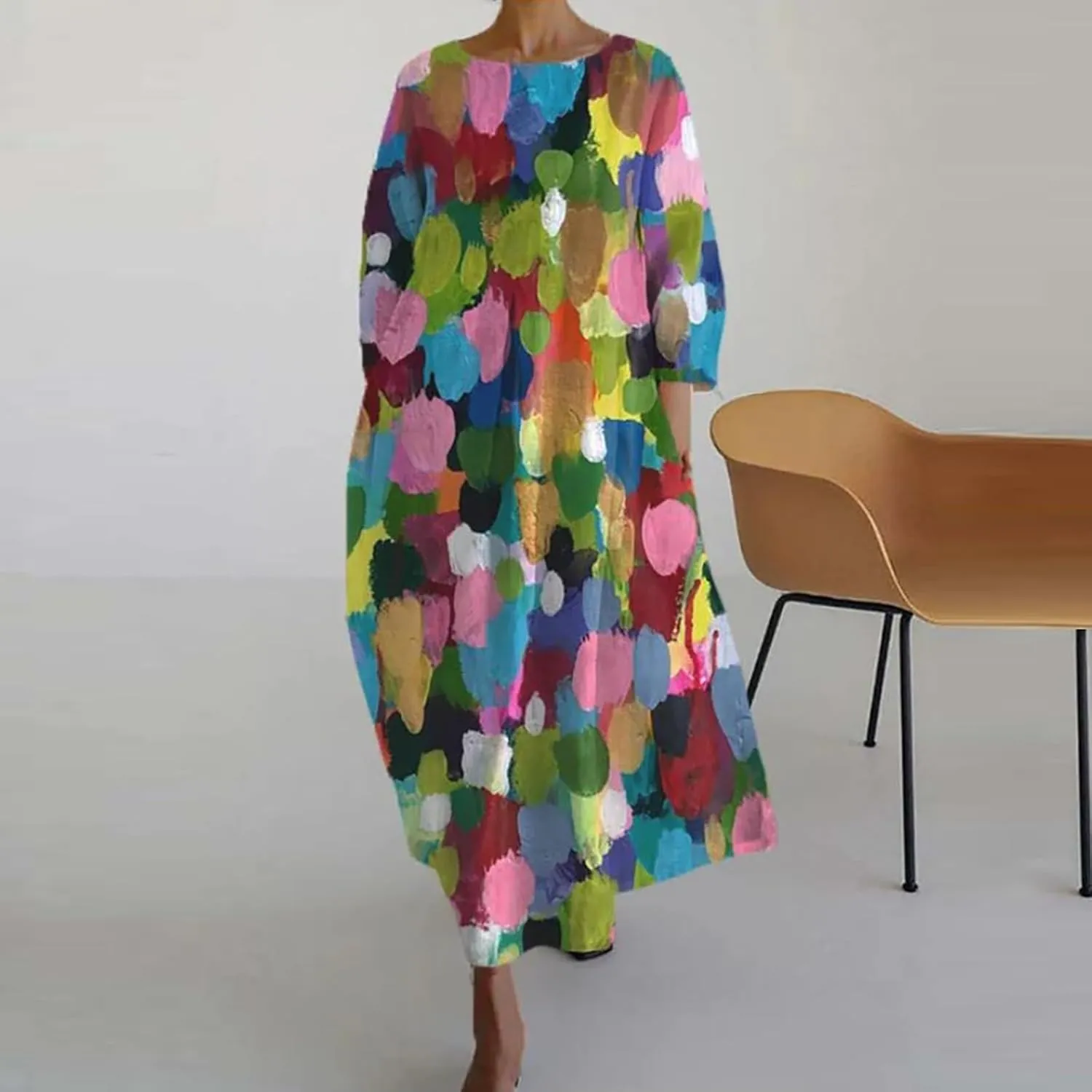 Summer Dresses for Women 2025,Women's Boho Maxi Crewneck Dresses Floral Print 3/4 Sleeve Casual Long Beach Dress