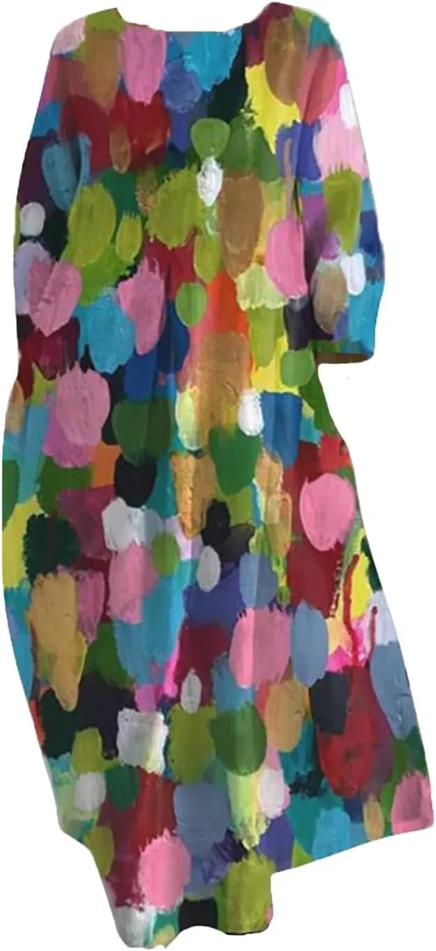 Summer Dresses for Women 2025,Women's Boho Maxi Crewneck Dresses Floral Print 3/4 Sleeve Casual Long Beach Dress
