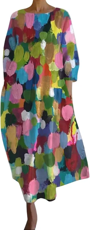 Summer Dresses for Women 2025,Women's Boho Maxi Crewneck Dresses Floral Print 3/4 Sleeve Casual Long Beach Dress