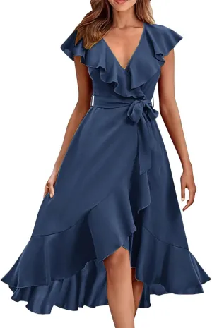 Summer Dresses for Women 2025,Wrap Midi Plain Simple Dress Boho Deep V Neck Short Sleeve Ruffle Hem Split Beach Dresses