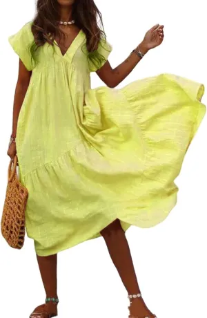 Summer Dresses for Women Linen Plus Size Short Sleeve V-Neck Swing Dress Casual Tiered Ruffle Flowy Beach Sundress
