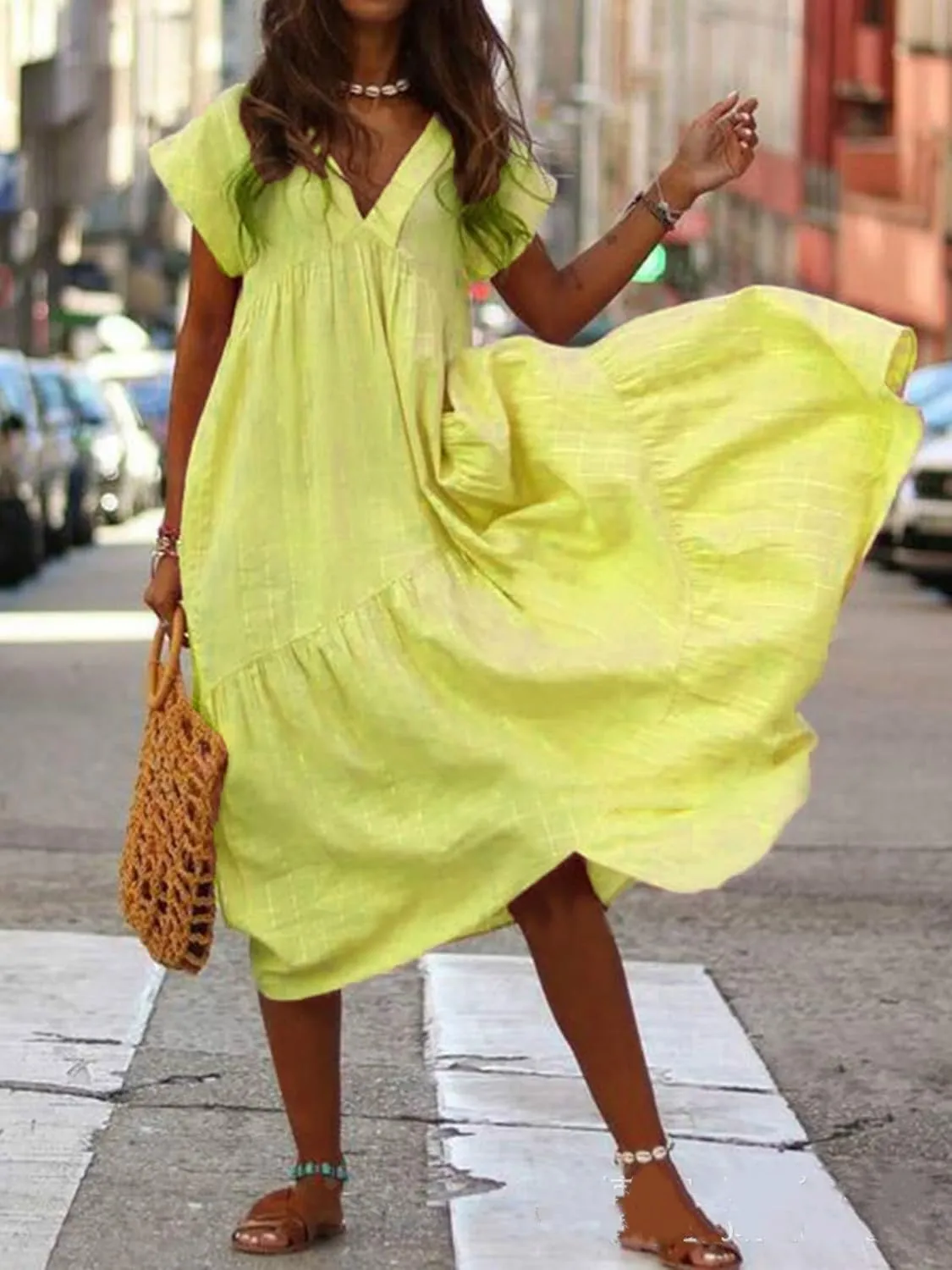 Summer Dresses for Women Linen Plus Size Short Sleeve V-Neck Swing Dress Casual Tiered Ruffle Flowy Beach Sundress