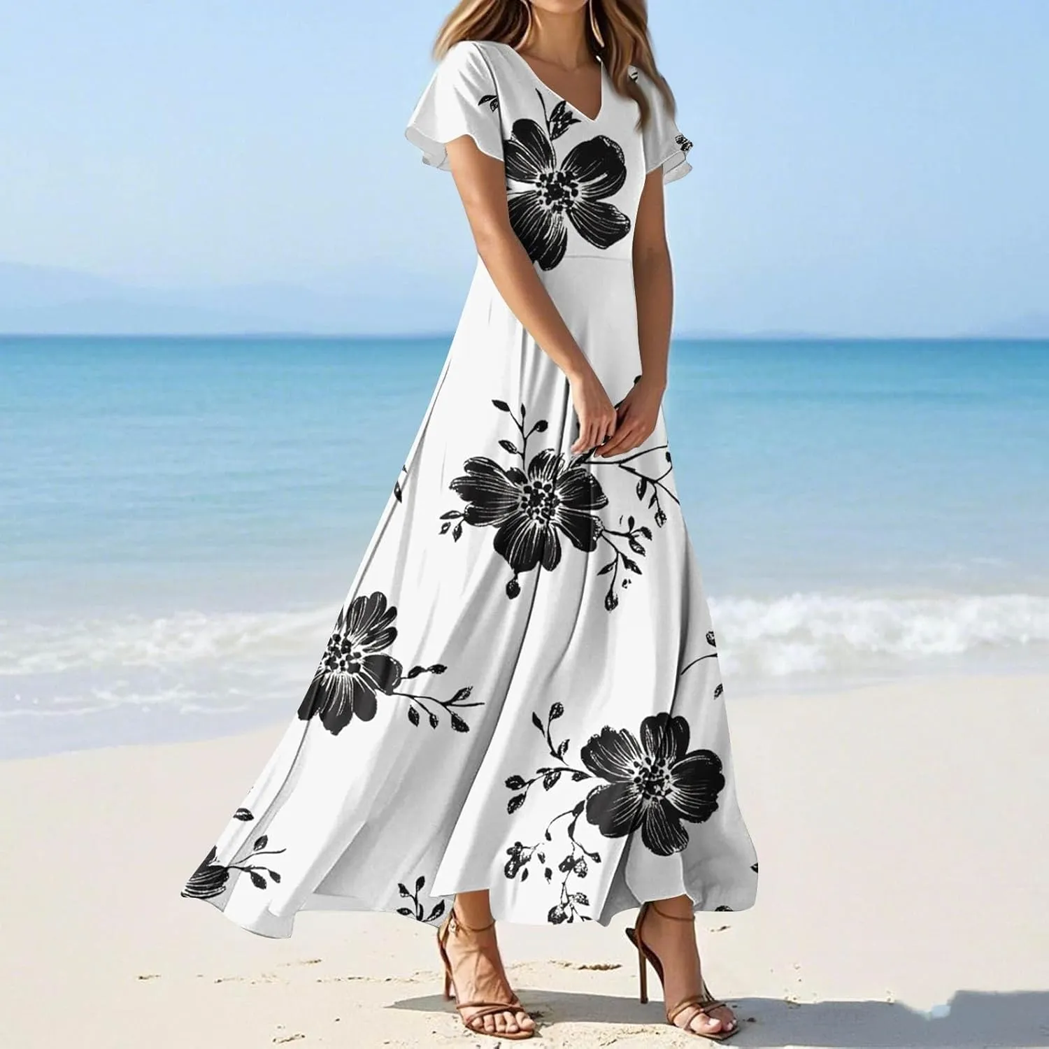 Summer Dresses for Women Plus Size Floral Print V Neck Maxi Short Sleeve Casual Dresses