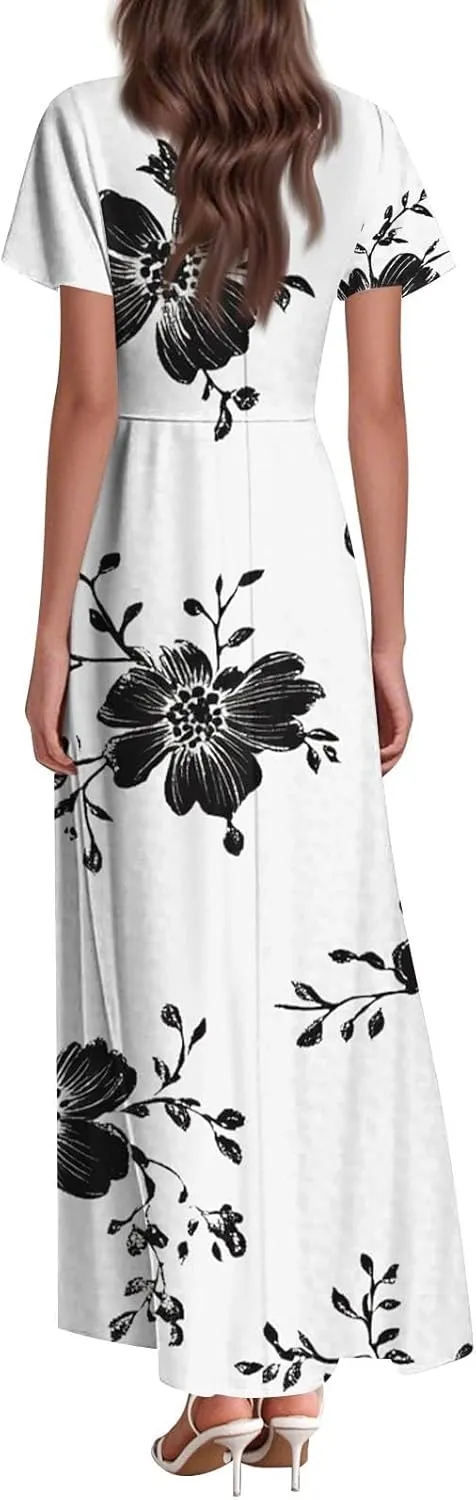 Summer Dresses for Women Plus Size Floral Print V Neck Maxi Short Sleeve Casual Dresses