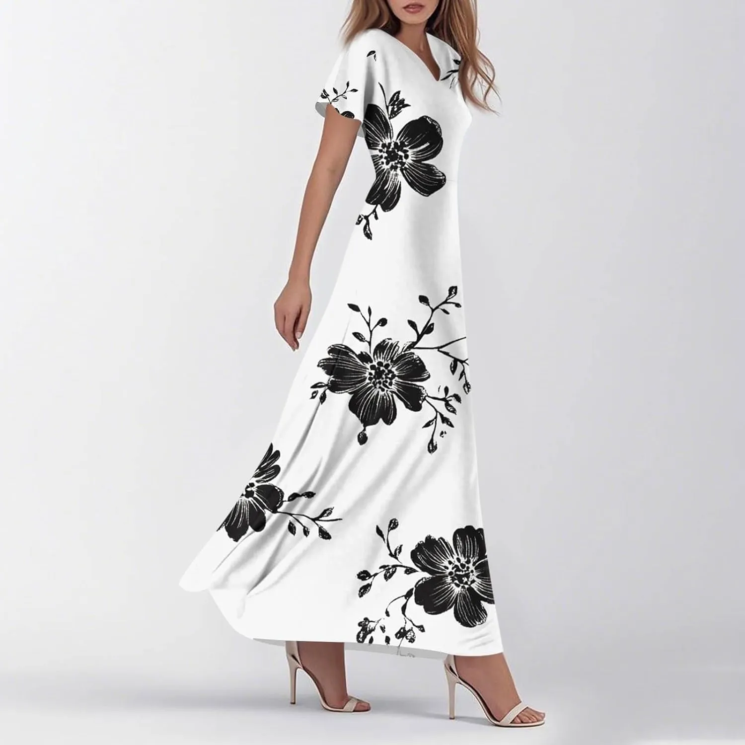 Summer Dresses for Women Plus Size Floral Print V Neck Maxi Short Sleeve Casual Dresses