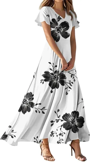 Summer Dresses for Women Plus Size Floral Print V Neck Maxi Short Sleeve Casual Dresses