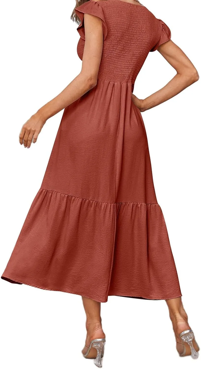 Summer Dresses for Women Ruffle Cap Sleeve Midi Sundress Casual Tiered A-Line Dress Sexy Beach Halter Flowy Dresses