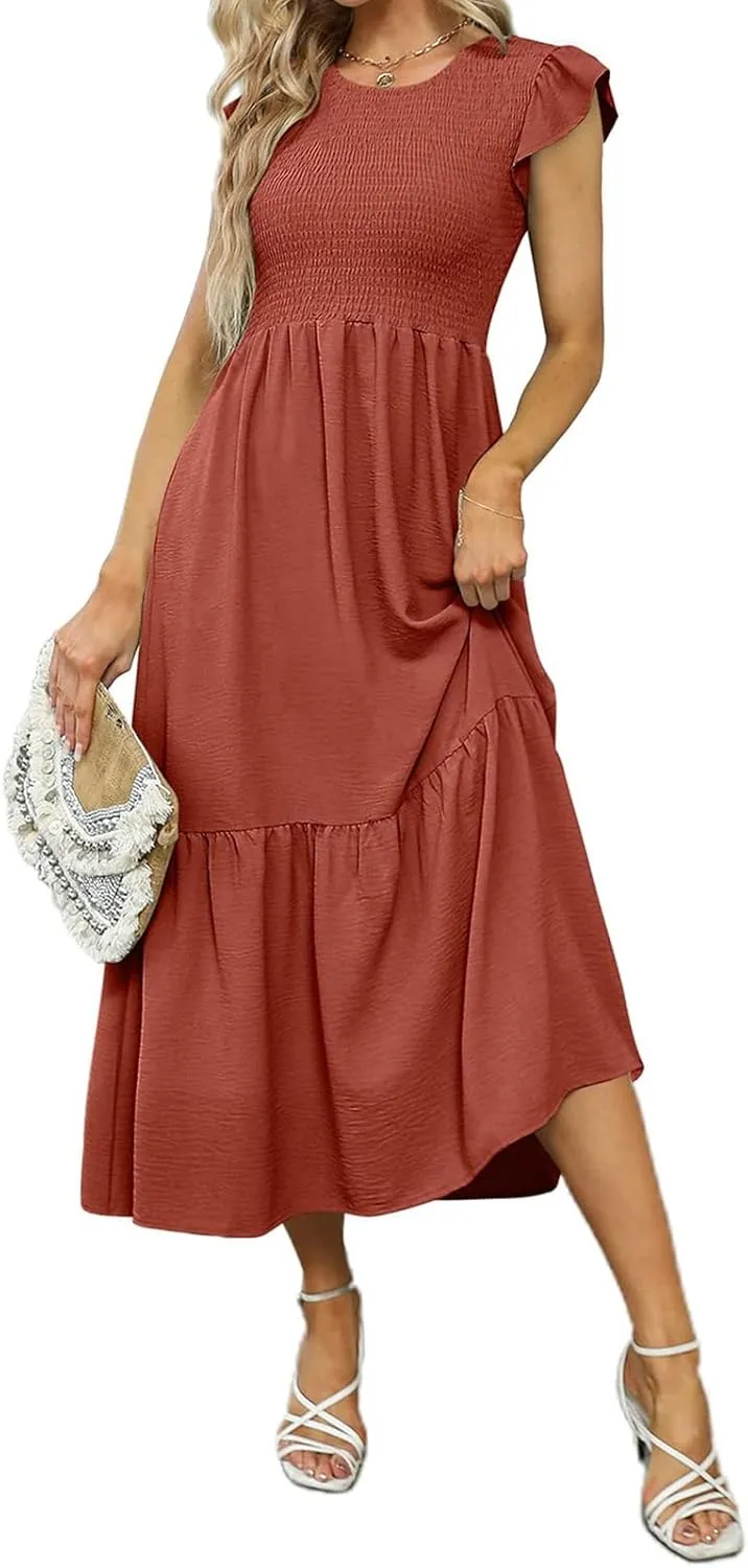 Summer Dresses for Women Ruffle Cap Sleeve Midi Sundress Casual Tiered A-Line Dress Sexy Beach Halter Flowy Dresses