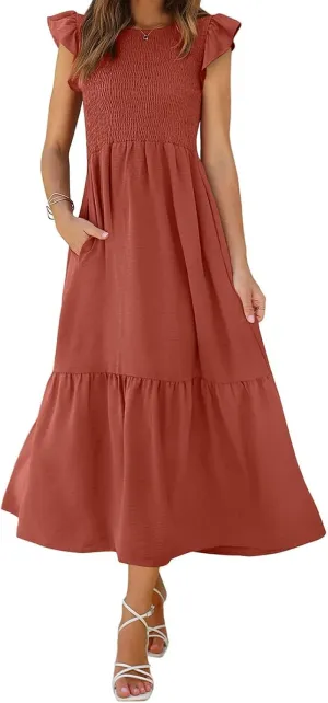 Summer Dresses for Women Ruffle Cap Sleeve Midi Sundress Casual Tiered A-Line Dress Sexy Beach Halter Flowy Dresses