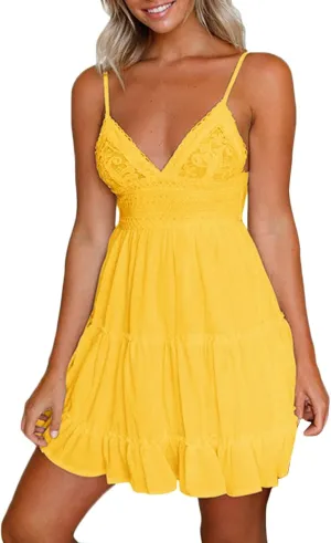 Summer Dresses for Women V Neck Spaghetti Strap Crisscross Backless Dress Flowy Swing A-Line Mini Sundresses