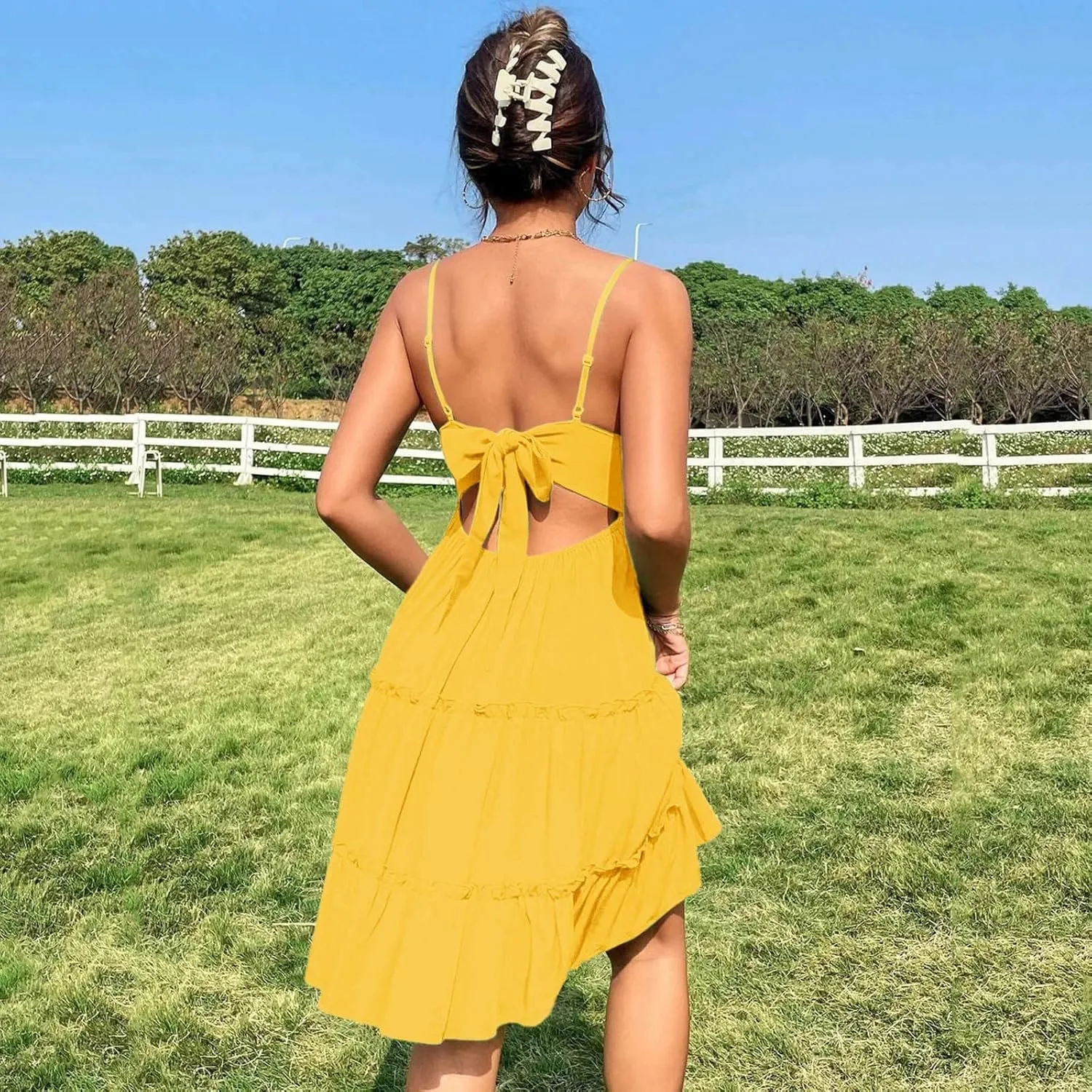 Summer Dresses for Women V Neck Spaghetti Strap Crisscross Backless Dress Flowy Swing A-Line Mini Sundresses