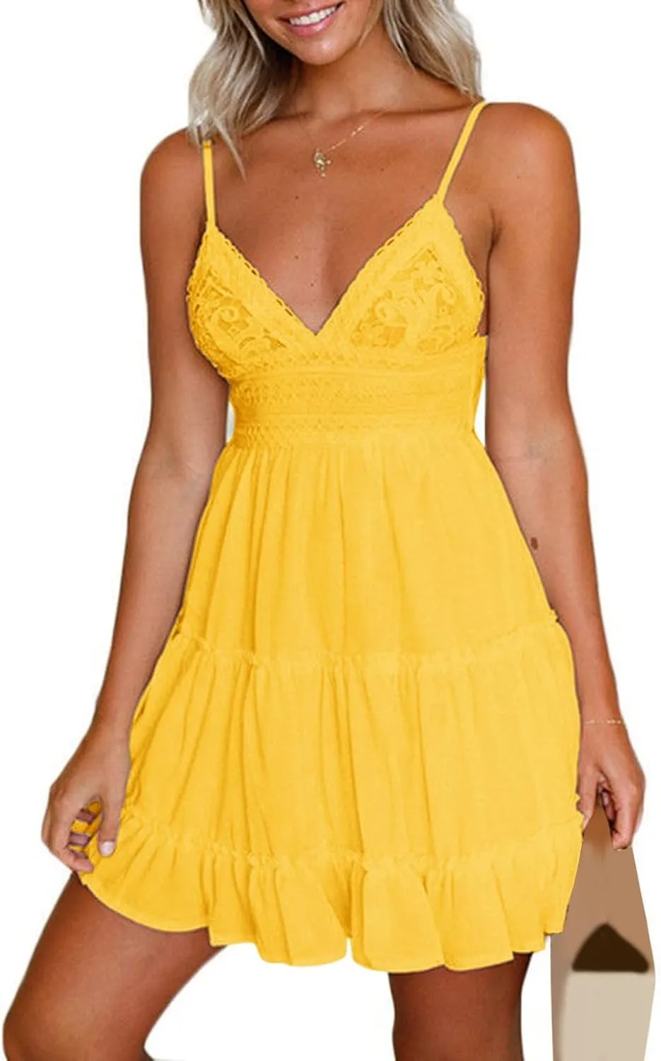 Summer Dresses for Women V Neck Spaghetti Strap Crisscross Backless Dress Flowy Swing A-Line Mini Sundresses