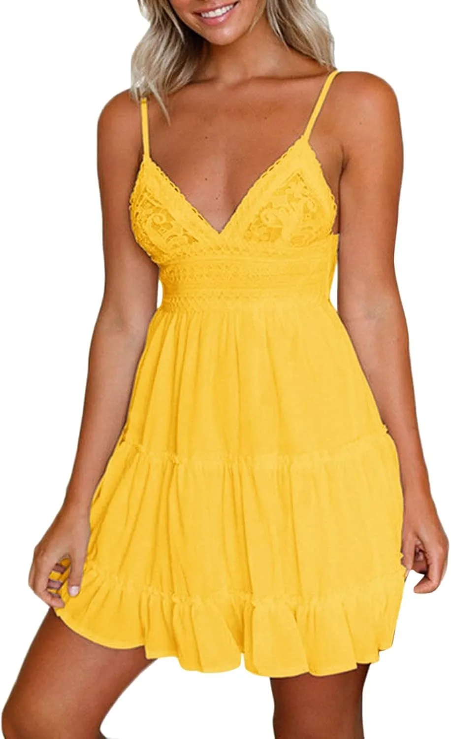 Summer Dresses for Women V Neck Spaghetti Strap Crisscross Backless Dress Flowy Swing A-Line Mini Sundresses