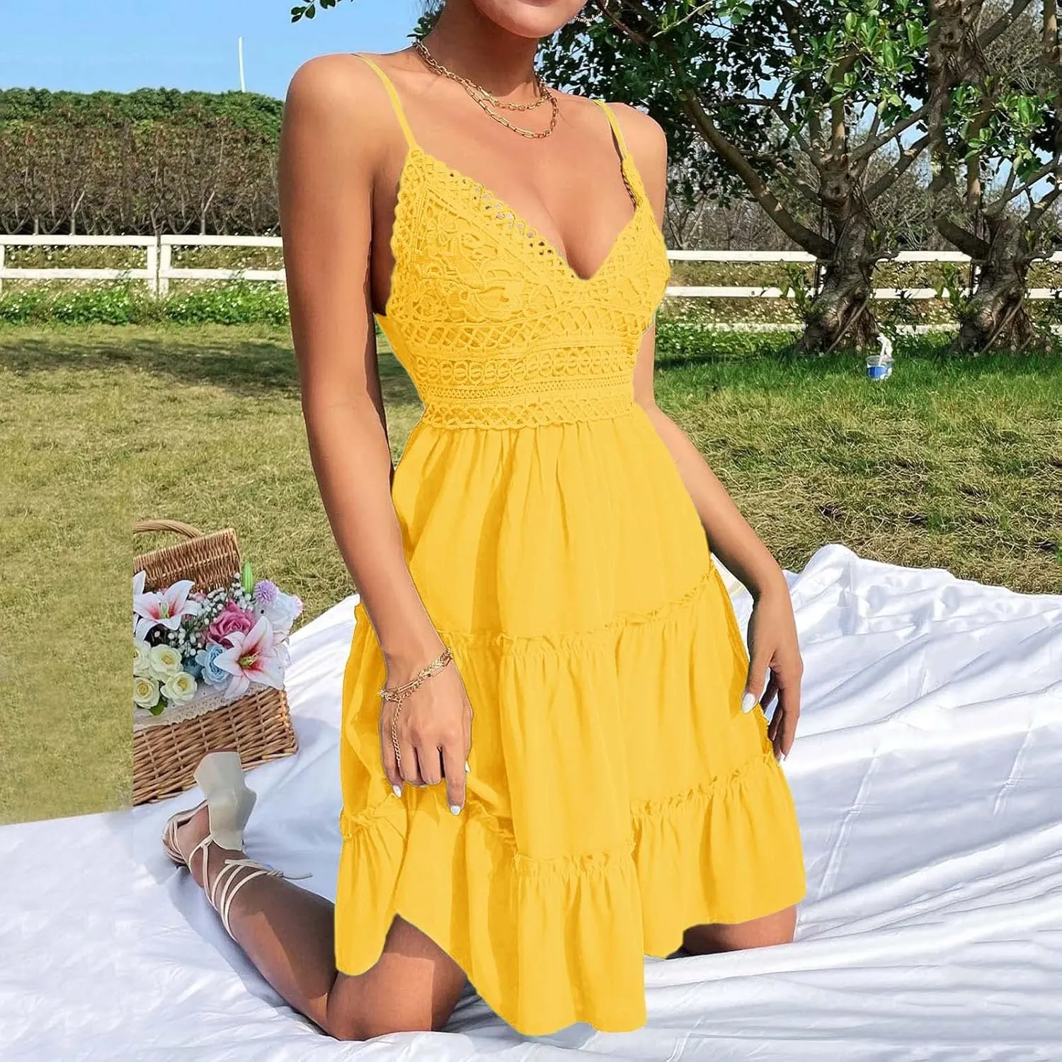 Summer Dresses for Women V Neck Spaghetti Strap Crisscross Backless Dress Flowy Swing A-Line Mini Sundresses