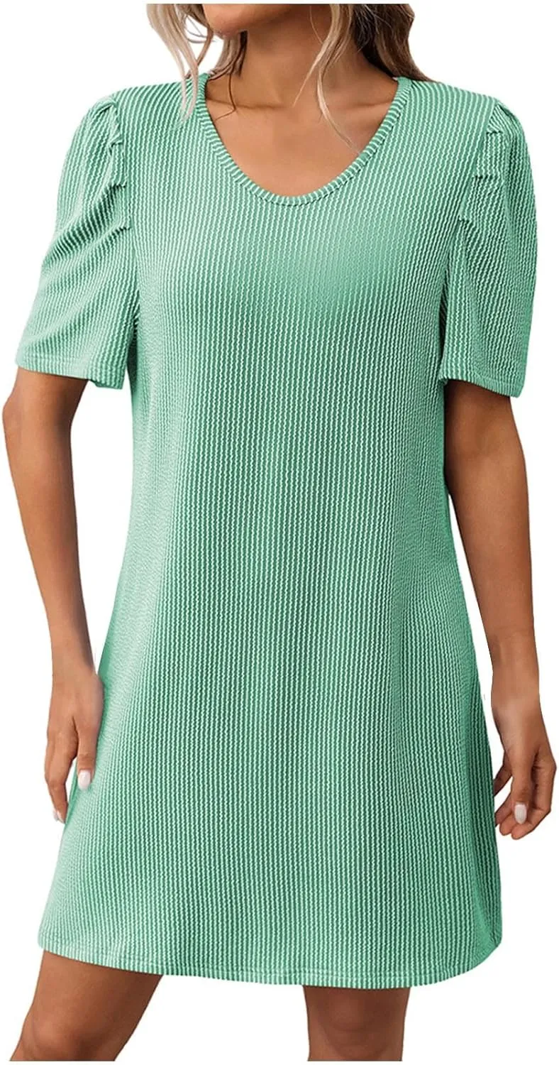 Summer Stripe Dresses for Women Casual Short Sleeve Loose Fit Crew Neck Dress Fashion Pleated Vacation Sundress