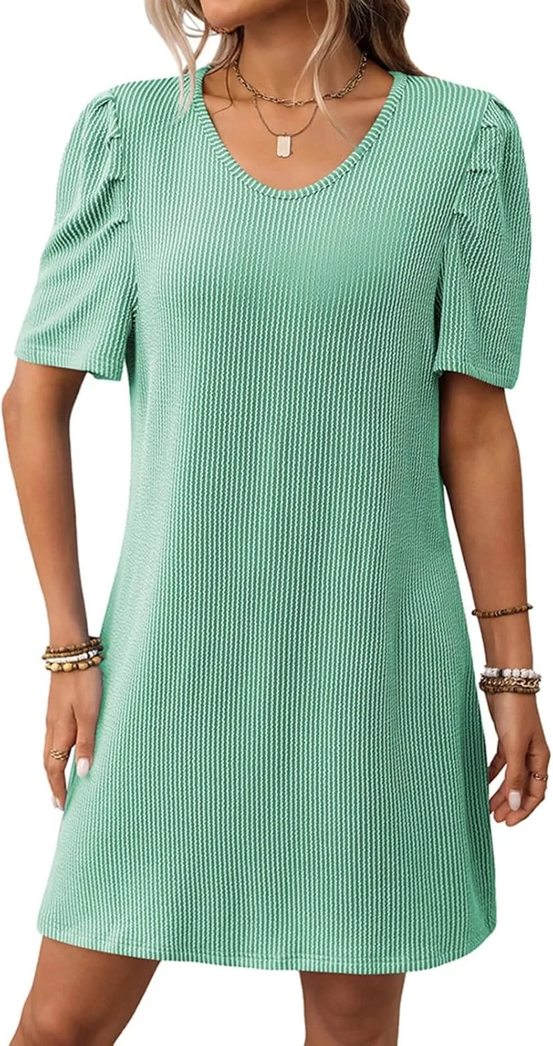Summer Stripe Dresses for Women Casual Short Sleeve Loose Fit Crew Neck Dress Fashion Pleated Vacation Sundress