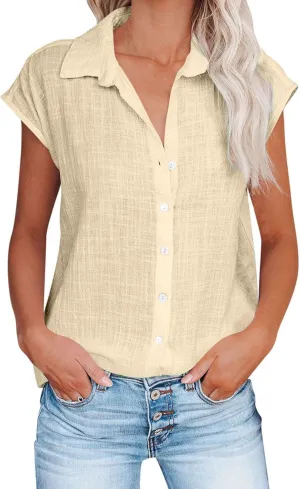 Summer Tops for Women 2024 Trendy Cotton Linen Button Down Shirts Dressy Cap Sleeve Collared Business Casual Blouses