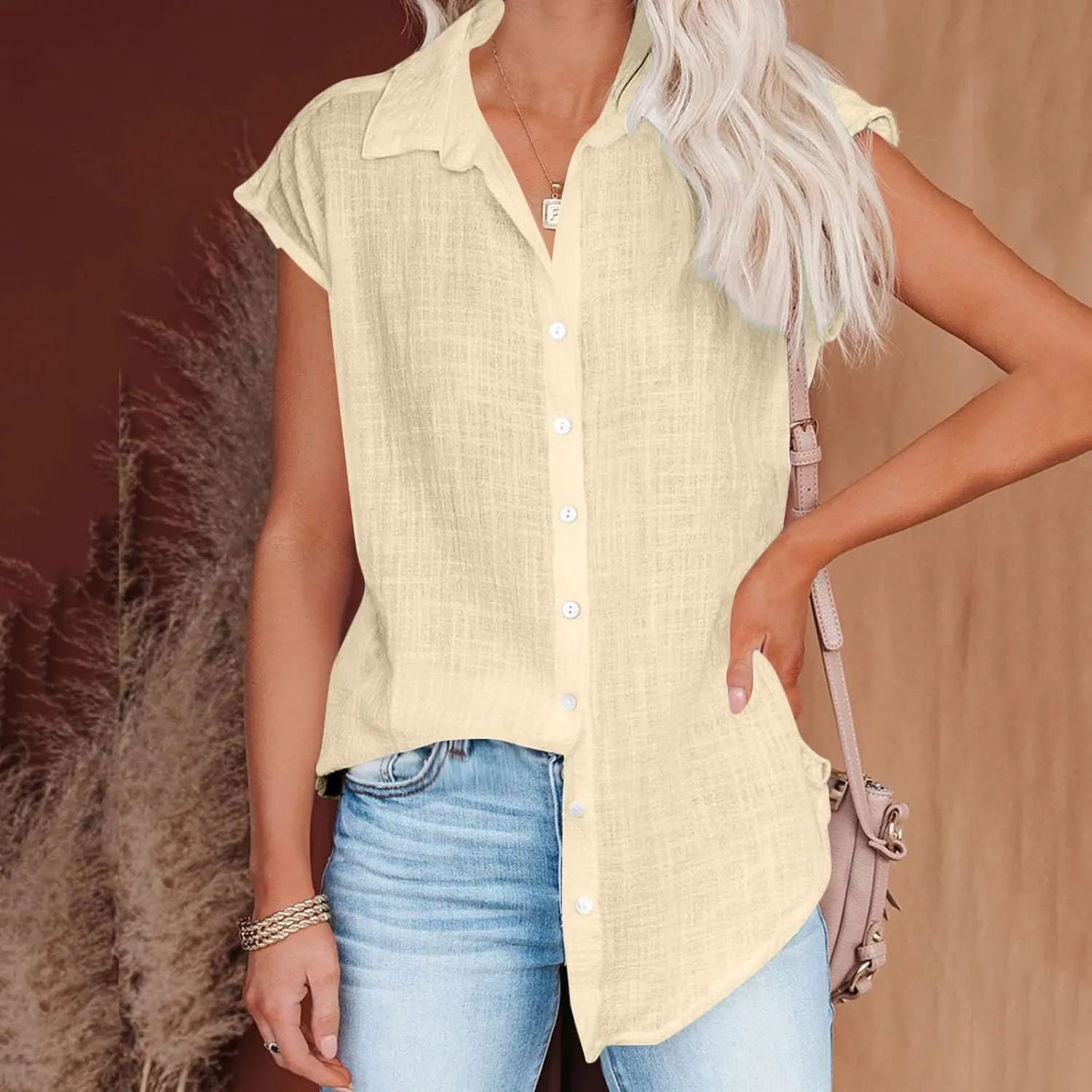 Summer Tops for Women 2024 Trendy Cotton Linen Button Down Shirts Dressy Cap Sleeve Collared Business Casual Blouses