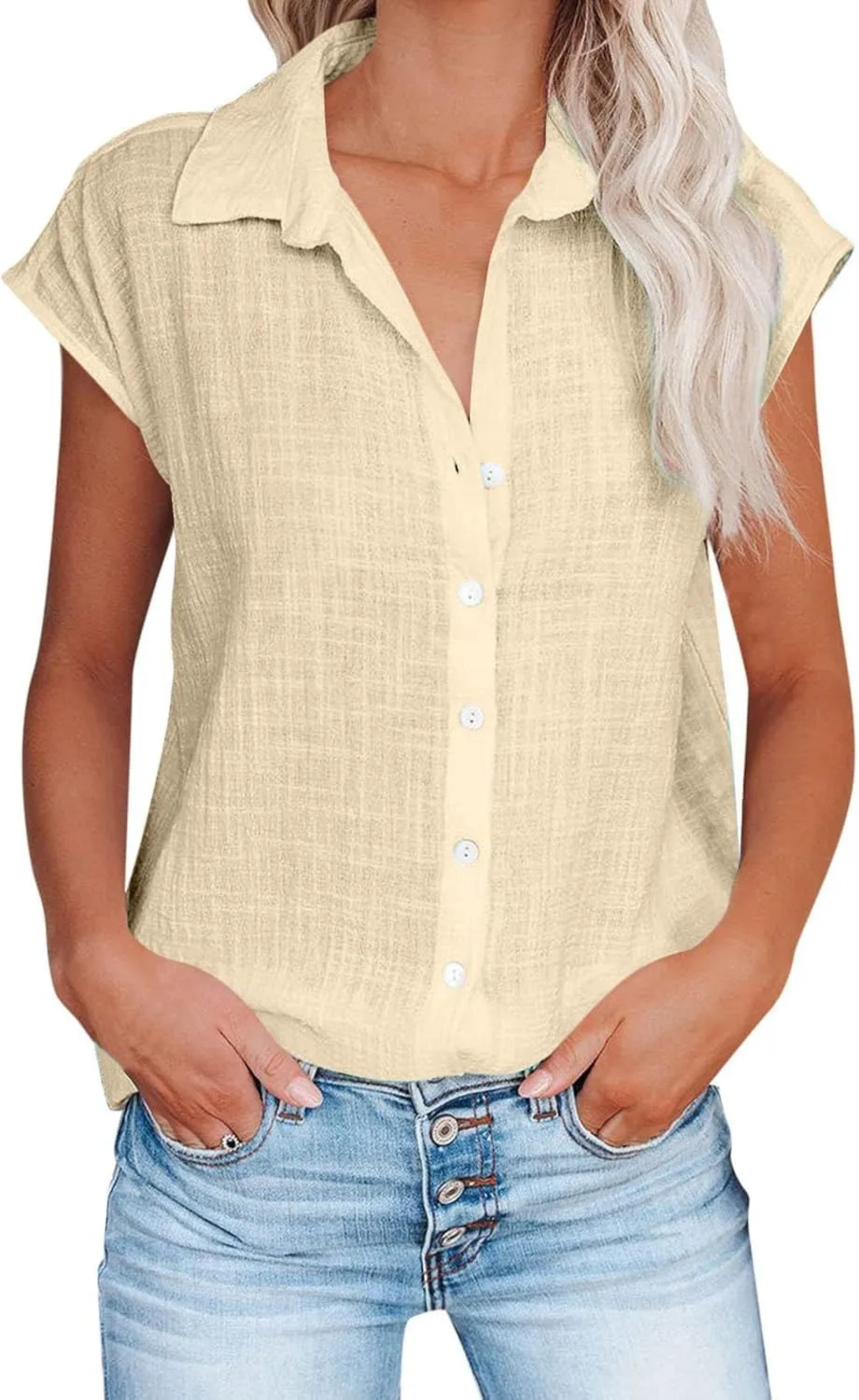Summer Tops for Women 2024 Trendy Cotton Linen Button Down Shirts Dressy Cap Sleeve Collared Business Casual Blouses