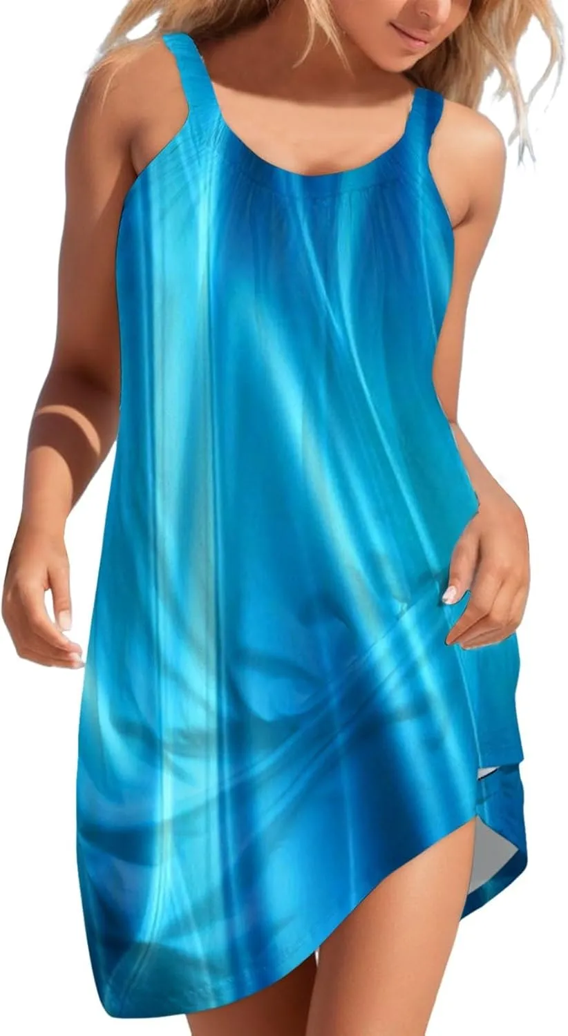 Sundresses for Women 2025 Summer Casual Gradient Print Sleeveless Crew Neck Dresses Boho Flowy Tank Dress