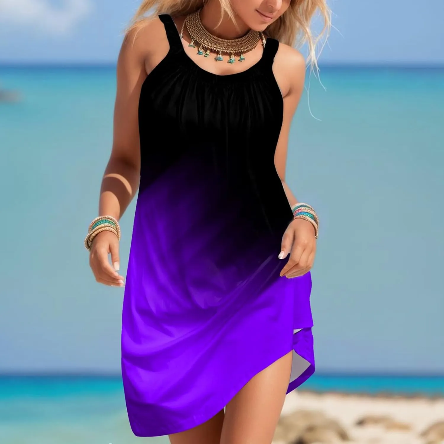 Sundresses for Women 2025 Summer Casual Gradient Print Sleeveless Crew Neck Dresses Boho Flowy Tank Dress