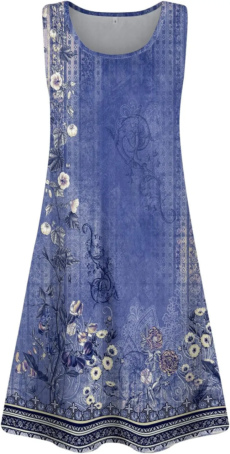Sundresses for Women 2025 Vacation Summer Tank Dress with Pockets U Neck Sleeveless Frocks with Pockets
