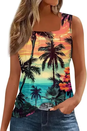 Tank Tops for Women 2025 Summer Outfits Loose Fit Pleated Square Neck Sleeveless Tops Casual Tunic Blouses