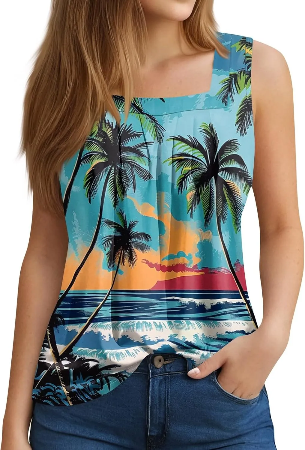 Tank Tops for Women 2025 Summer Outfits Loose Fit Pleated Square Neck Sleeveless Tops Casual Tunic Blouses