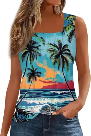 Tank Tops for Women 2025 Summer Outfits Loose Fit Pleated Square Neck Sleeveless Tops Casual Tunic Blouses