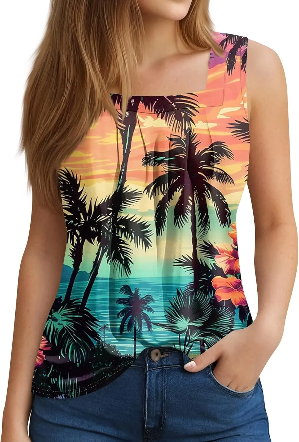 Tank Tops for Women 2025 Summer Outfits Loose Fit Pleated Square Neck Sleeveless Tops Casual Tunic Blouses
