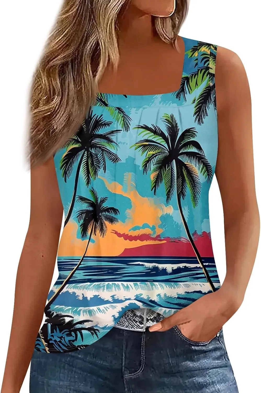 Tank Tops for Women 2025 Summer Outfits Loose Fit Pleated Square Neck Sleeveless Tops Casual Tunic Blouses