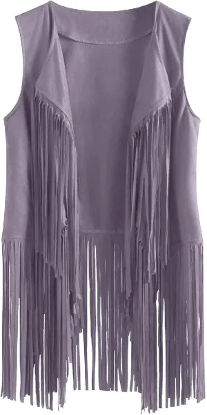 Tassel Sleeveless Vest for Women 70s Hippie Faux Suede Fringe Jacket Open Front Gilet Cardigan Vintage Boho Waistcoat