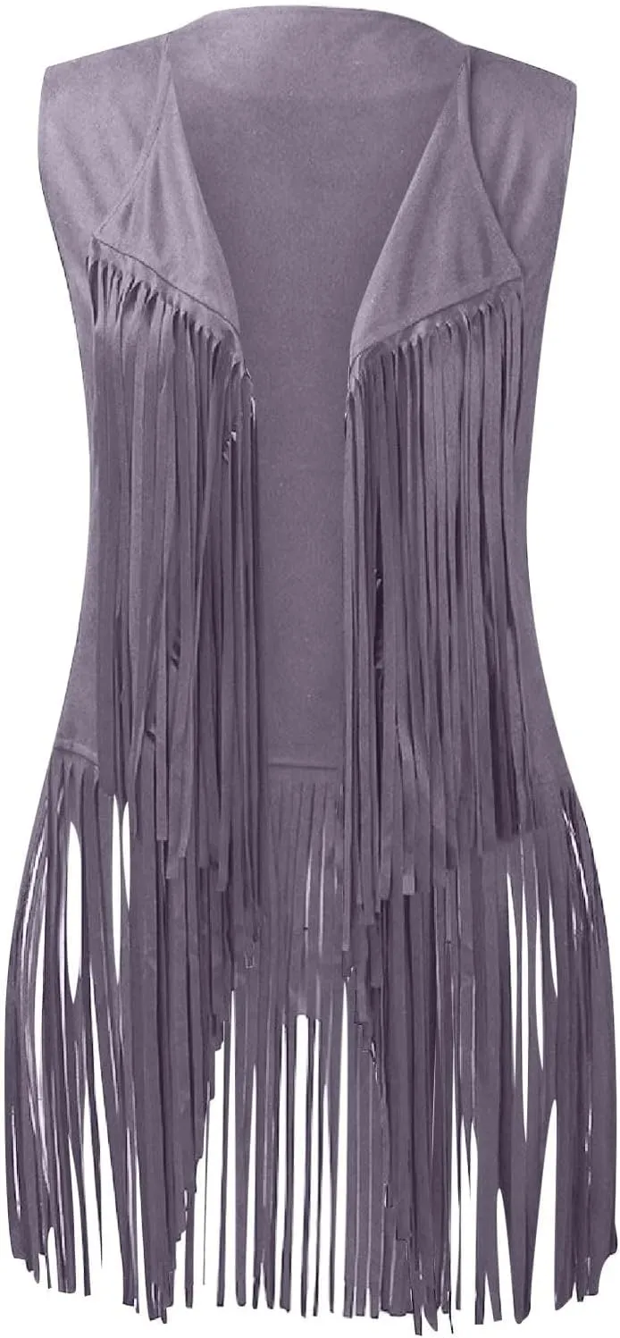 Tassel Sleeveless Vest for Women 70s Hippie Faux Suede Fringe Jacket Open Front Gilet Cardigan Vintage Boho Waistcoat