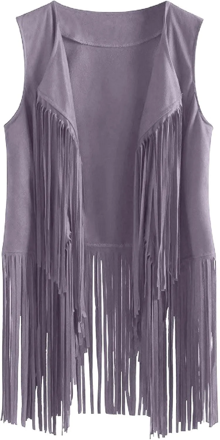 Tassel Sleeveless Vest for Women 70s Hippie Faux Suede Fringe Jacket Open Front Gilet Cardigan Vintage Boho Waistcoat