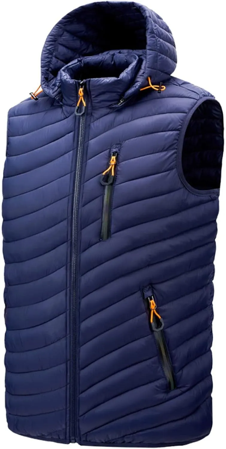 Thatrich Mens Quilted Puffer Vest Lightweight Sleeveless Zip Up Hooded Jackets Casual Stand Collar Vests Winter Outdoor Wear