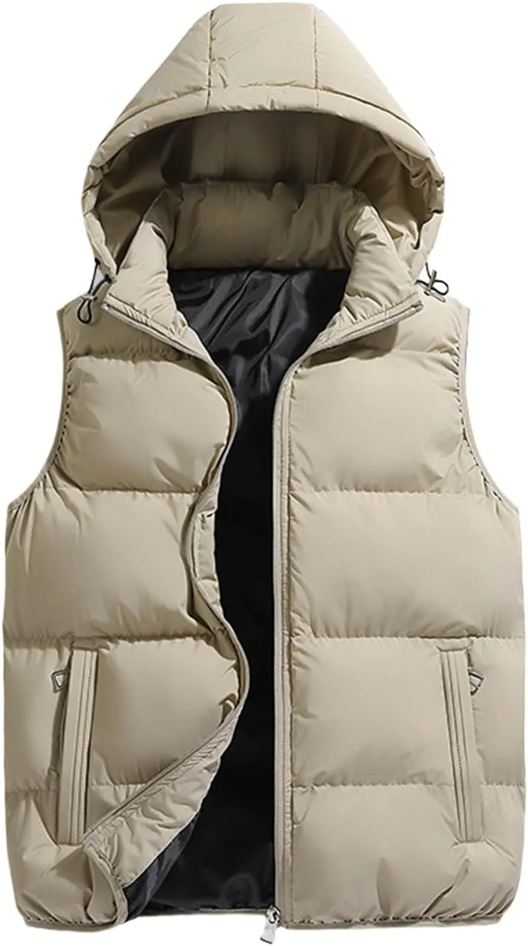Thatrich Mens Winter Vest Sleeveless Puffer Jackets Hooded Casual Vests Oversized Warm Outdoor Coat Padded Puffy Casual Gilet