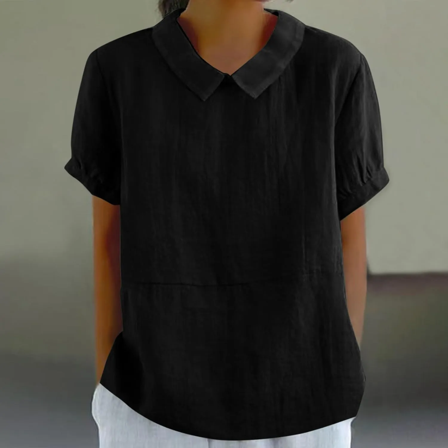 Tops for Women Trendy Collared Short Sleeve Shirts Casual Loose Fitted Linen Blouses Fashion Soft Summer Tops