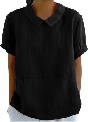 Tops for Women Trendy Collared Short Sleeve Shirts Casual Loose Fitted Linen Blouses Fashion Soft Summer Tops