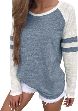 Tops Striped Long Sleeve Shirts for Women Color Block Baseball T-Shirt Crewneck Tops Casual Loose Tees