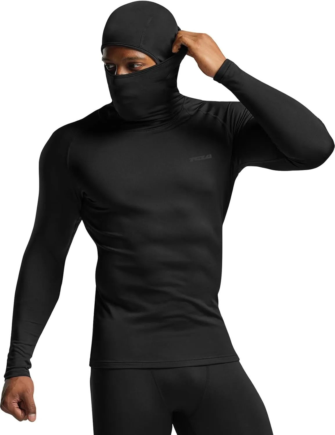 TSLA Men's Thermal Compression Shirts Hoodie with Mask, Long Sleeve Winter Sports Base Layer Top, Active Running Shirt