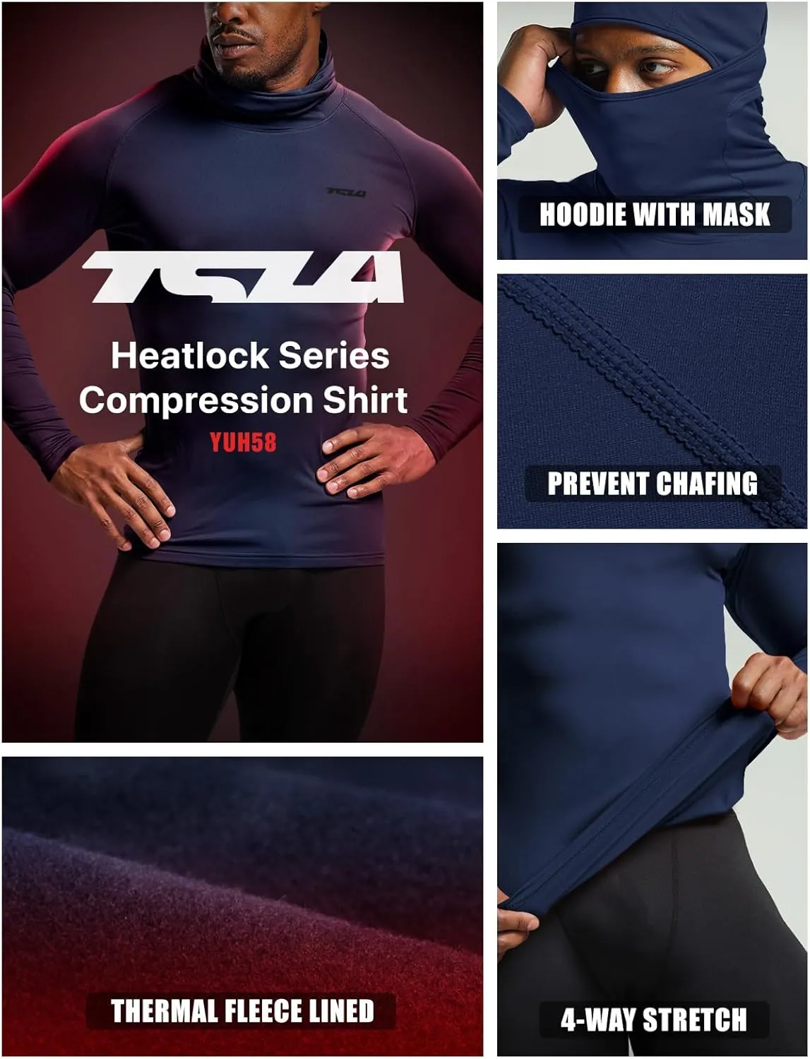 TSLA Men's Thermal Compression Shirts Hoodie with Mask, Long Sleeve Winter Sports Base Layer Top, Active Running Shirt